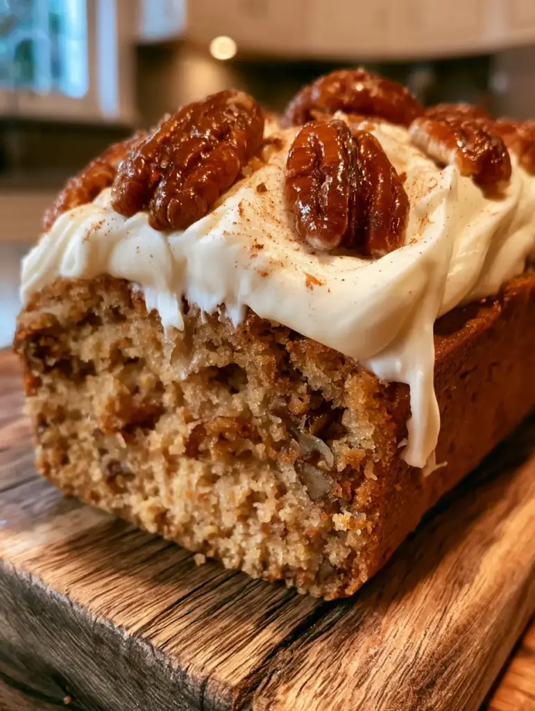 Close up of thick white cream cheese frosting dripping down the side of a butter pecan pound cake loaf.