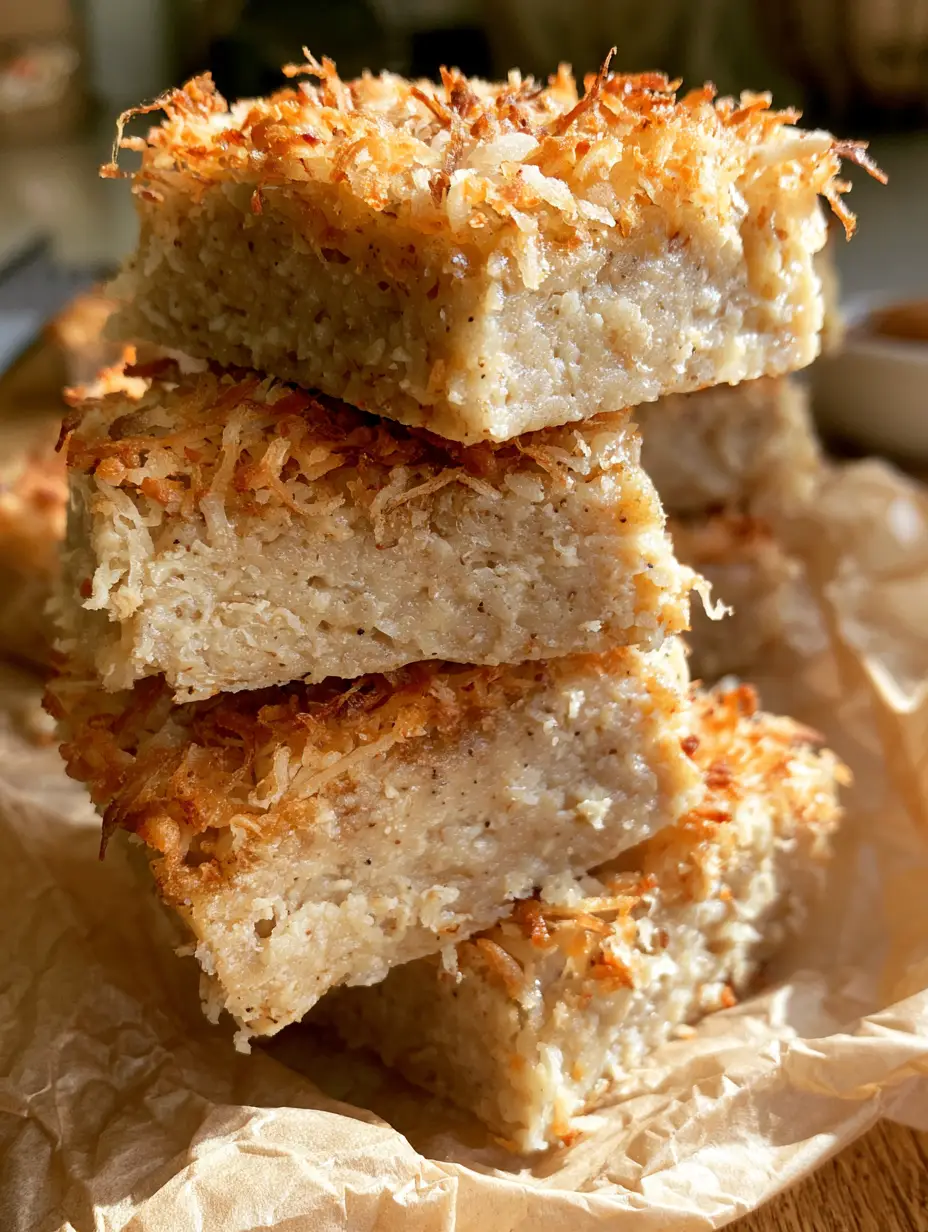 Smartphone photo of toasted coconut vanilla bars showing the moist vanilla bean center and crispy coconut topping.