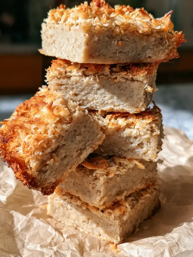 Close-up of golden-brown toasted coconut shreds on top of thick vanilla protein bars.