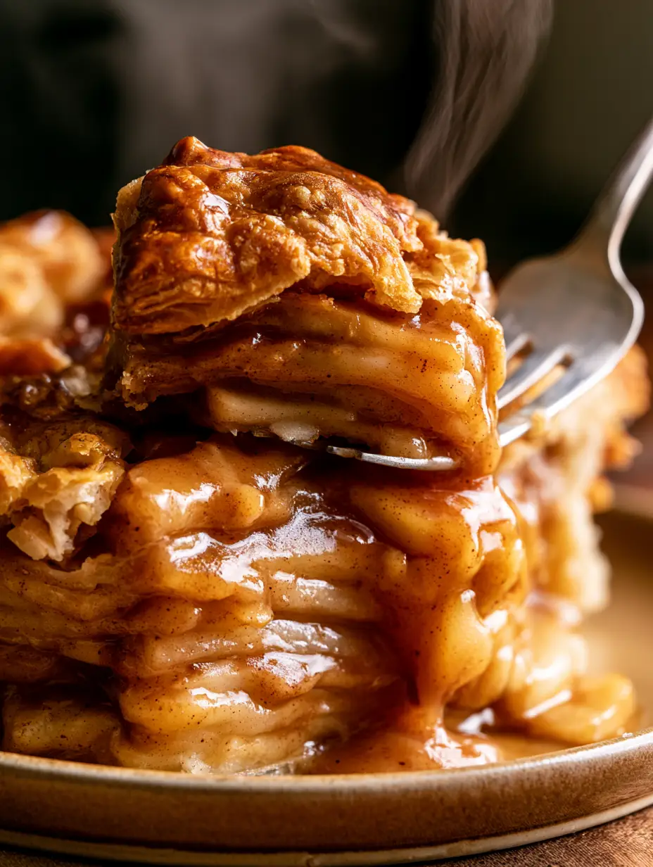 Extreme close-up of a warm slice of homemade apple pie with steam rising and a thick glaze.