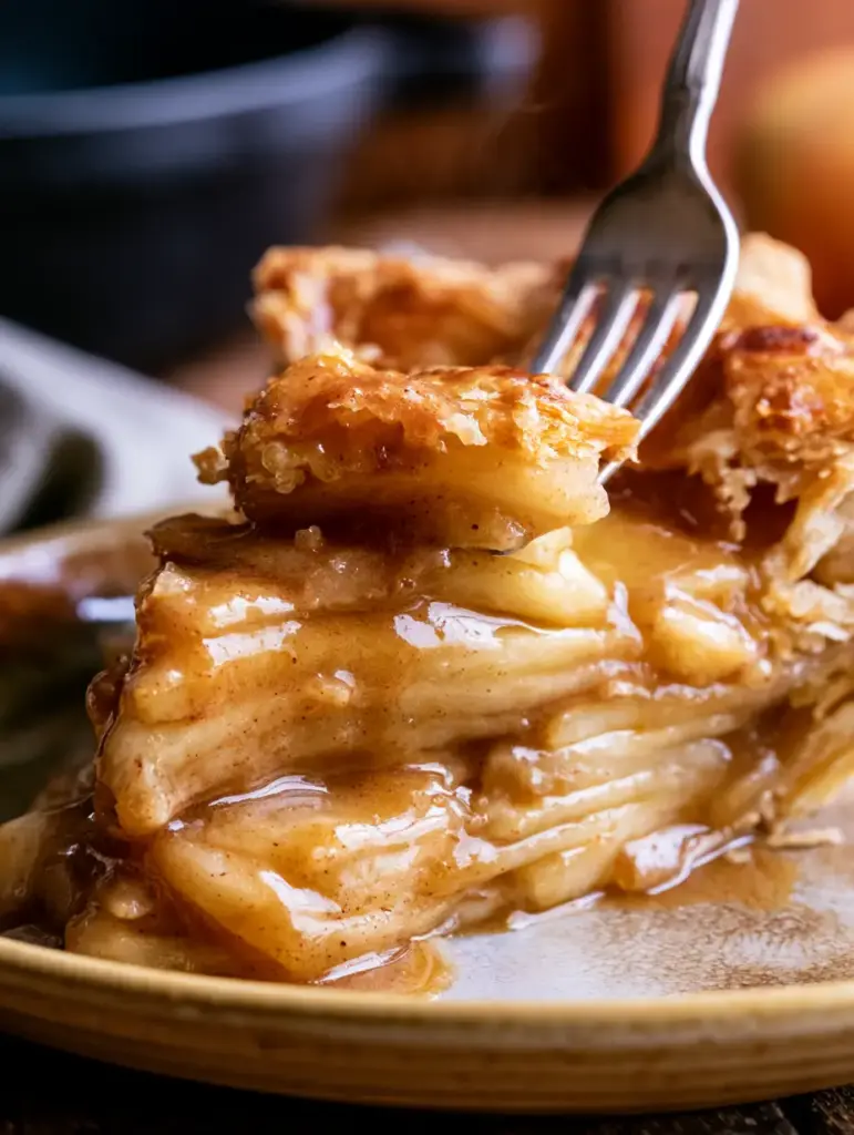 A silver fork taking a bite of a flaky golden homemade apple pie slice.