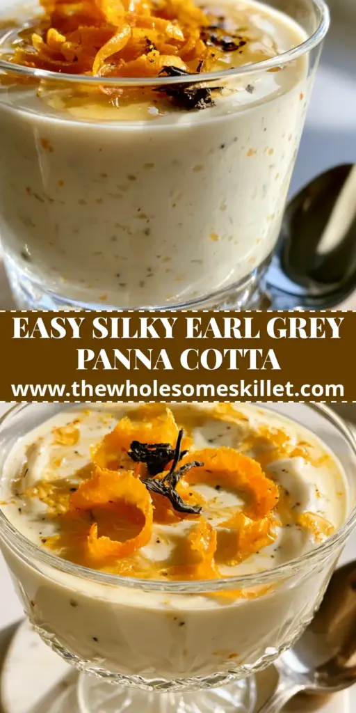 A crystal glass filled with silky Earl Grey panna cotta, topped with honey drizzle and orange zest. (earl grey panna cotta)