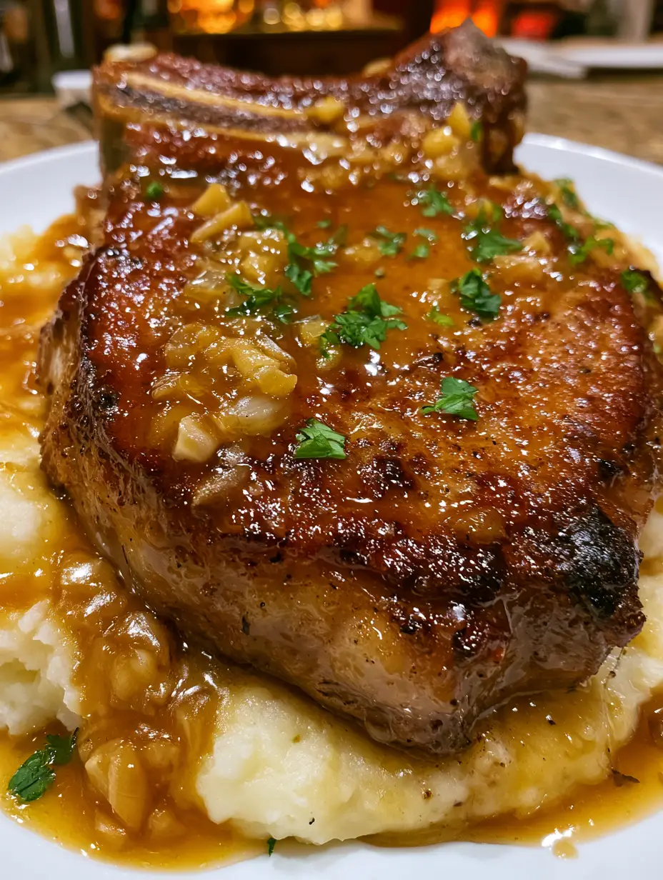 Honey Garlic Pork Chops with a Glossy Golden Butter Glaze 3 Macro photo of a honey garlic pork chop with visible minced garlic and parsley. (honey garlic pork chops)