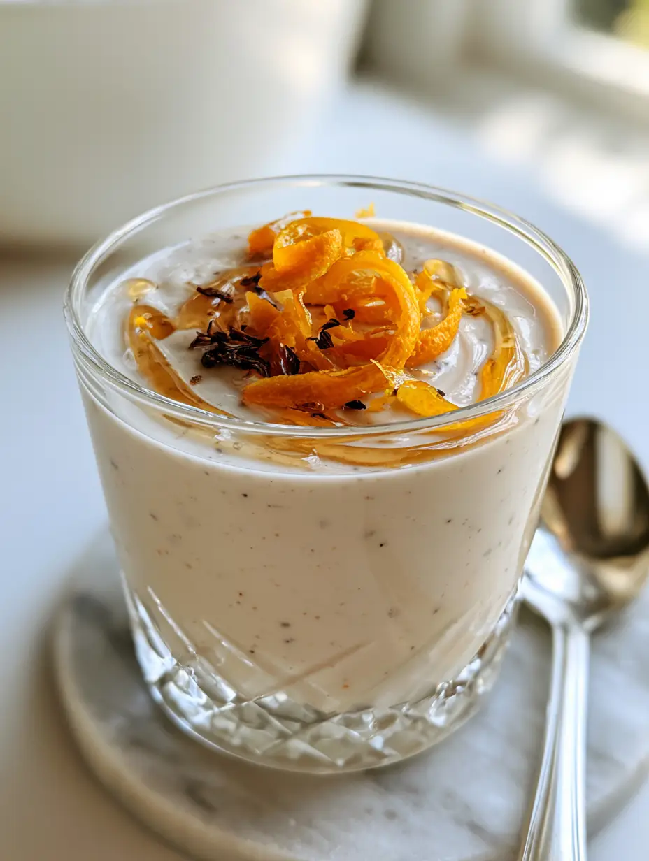 Close up handheld photo of Earl Grey panna cotta in a crystal glass with a silver spoon on a marble coaster. (earl grey panna cotta)