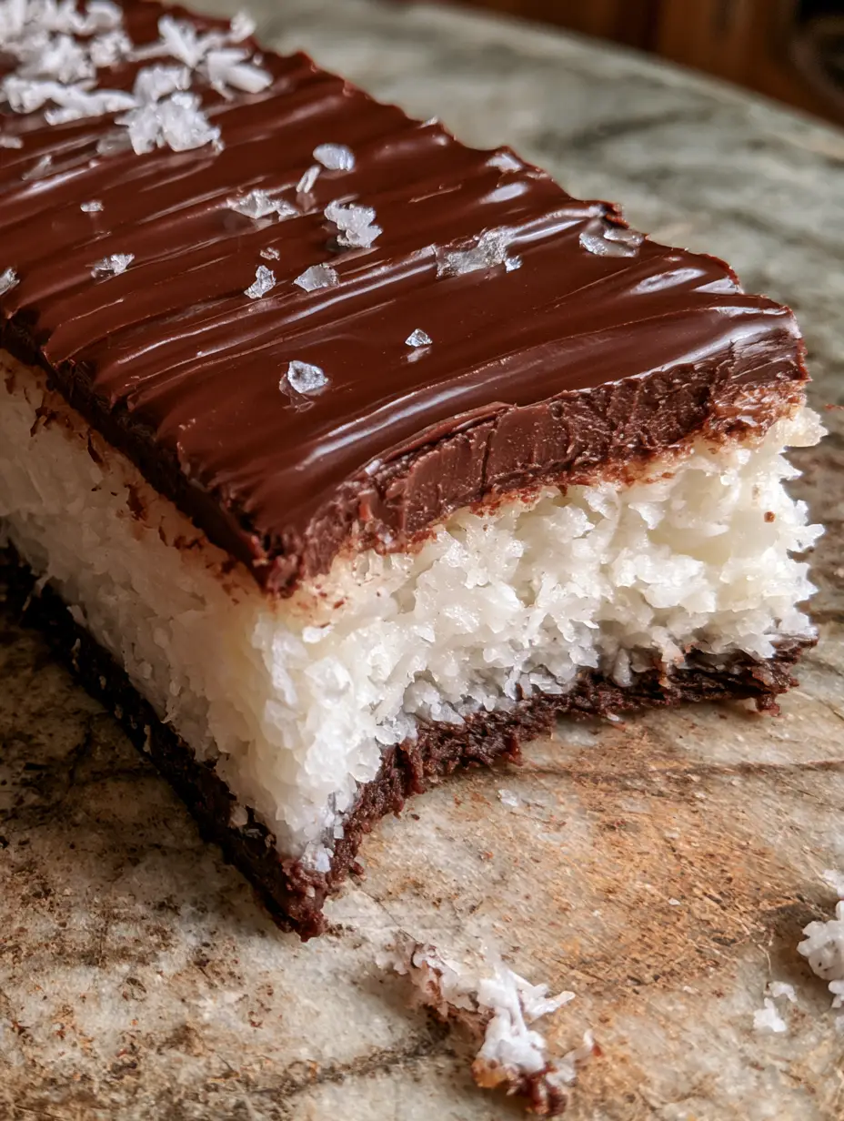 Smartphone photo of a single thick homemade bounty bar with a bite taken out showing three layers. (homemade bounty bars)