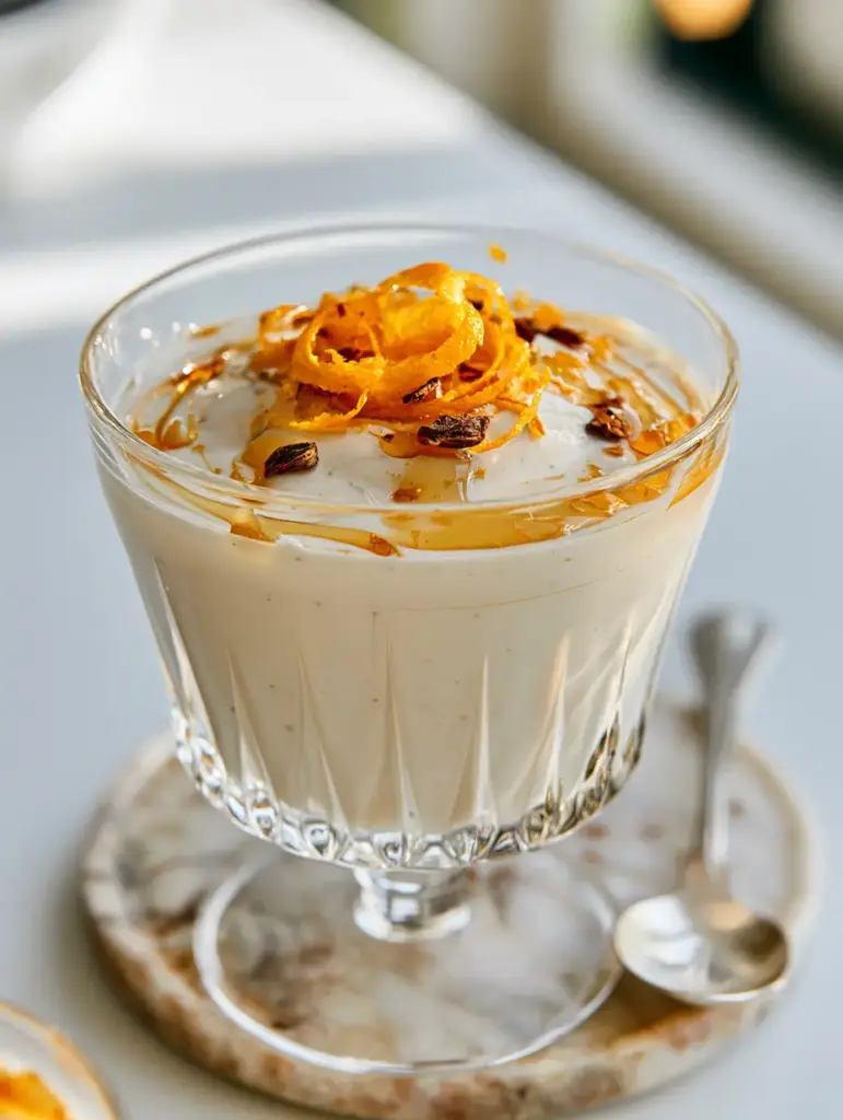 Hyper-realistic overhead view of Earl Grey panna cotta with honey and orange zest curls.
