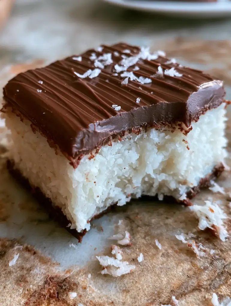 Close up of a bounty bar on a marble surface with sea salt and coconut crumbs.
