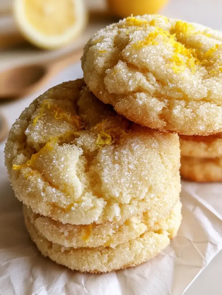 Close-up of lemon sugar cookies on parchment paper with a blurred lemon and wooden spoon in the background.