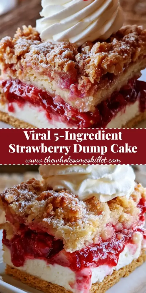 Strawberry Cheesecake Dump Cake with a Thick Graham Cracker Crust 4 A tall slice of strawberry cheesecake dump cake showing layers of graham cracker crust, cream cheese, and toasted cake crumble. (strawberry cheesecake dump cake)