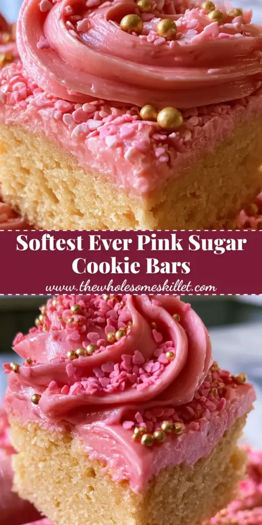 Pink Sugar Cookie Bars with Thick Vanilla Buttercream and Gold Pearls 4 A thick pink sugar cookie bar with vibrant pink frosting swirls and gold pearls on a marble surface. (pink sugar cookie bars)
