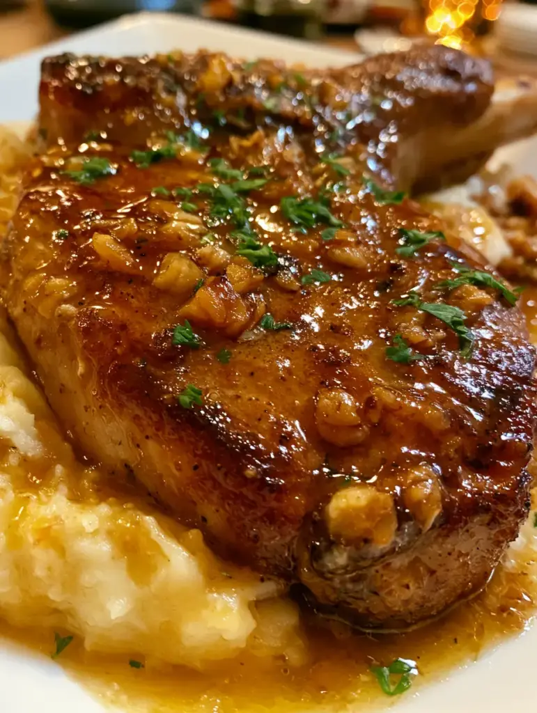 Honey Garlic Pork Chops with a Glossy Golden Butter Glaze 1 A handheld photo of a seared pork chop on a white ceramic plate with steam rising. (honey garlic pork chops)