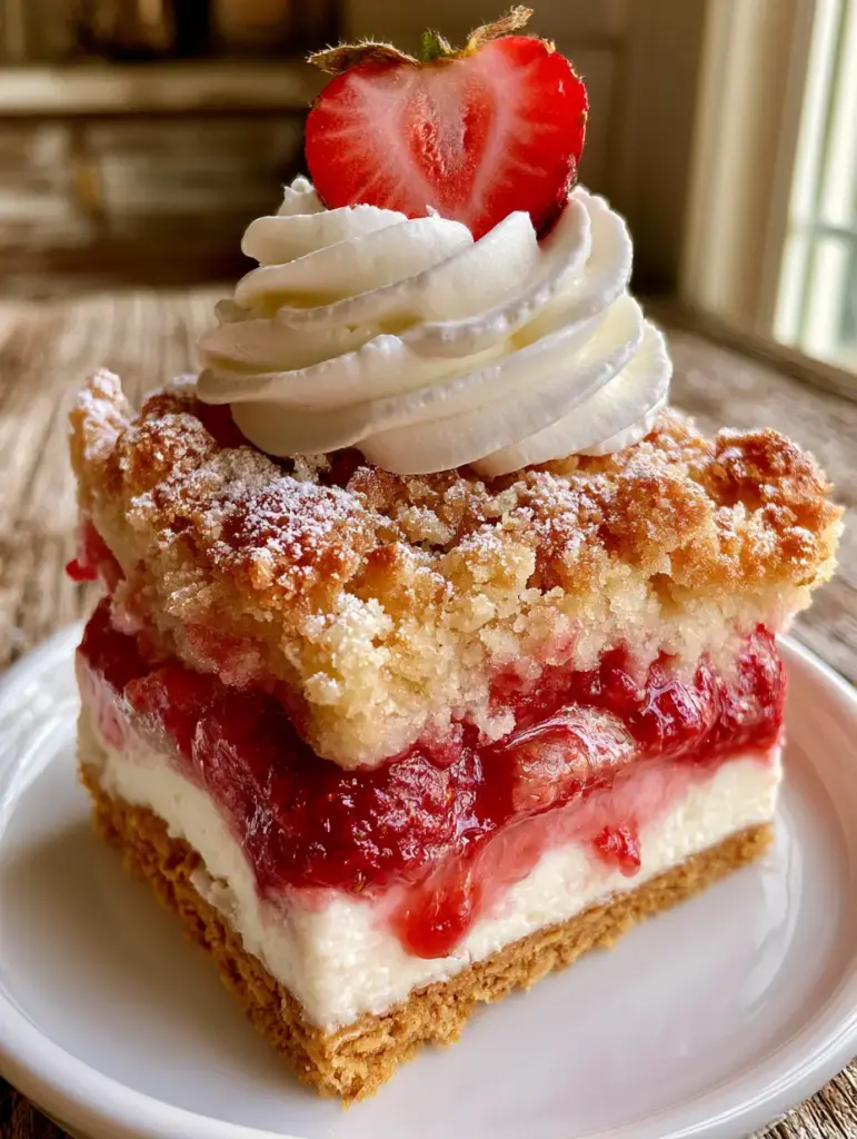 Strawberry Cheesecake Dump Cake with a Thick Graham Cracker Crust 2 Macro photo of a tall slice of strawberry cheesecake dump cake on a white plate. (strawberry cheesecake dump cake)