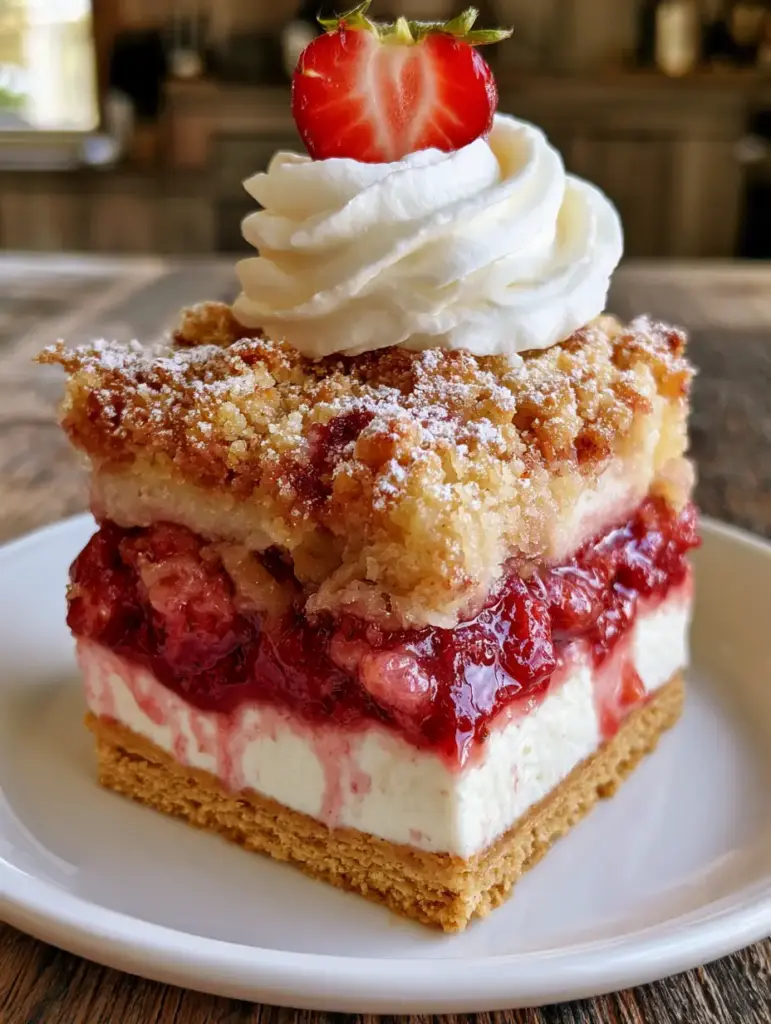 Strawberry Cheesecake Dump Cake with a Thick Graham Cracker Crust 1 Close up of the toasted golden-brown cake crumble topping with powdered sugar. (strawberry cheesecake dump cake)