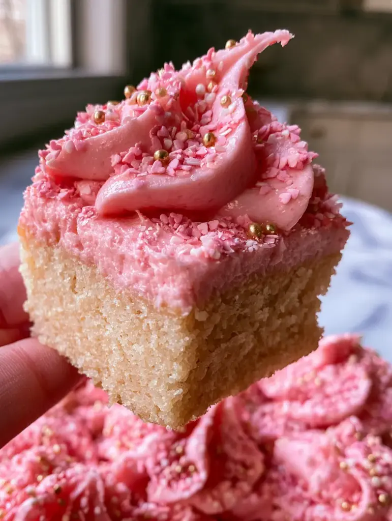 Pink Sugar Cookie Bars with Thick Vanilla Buttercream and Gold Pearls 2 A handheld photo of a thick pink sugar cookie bar being lifted, showing a soft golden crumb. (pink sugar cookie bars)