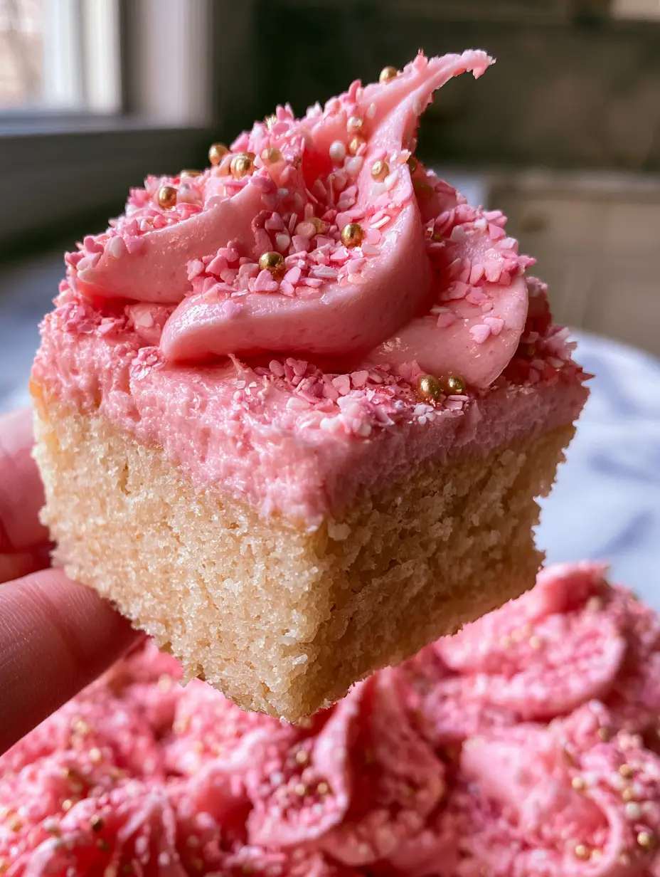 Pink Sugar Cookie Bars with Thick Vanilla Buttercream and Gold Pearls 3 A handheld photo of a thick pink sugar cookie bar being lifted, showing a soft golden crumb. (pink sugar cookie bars)