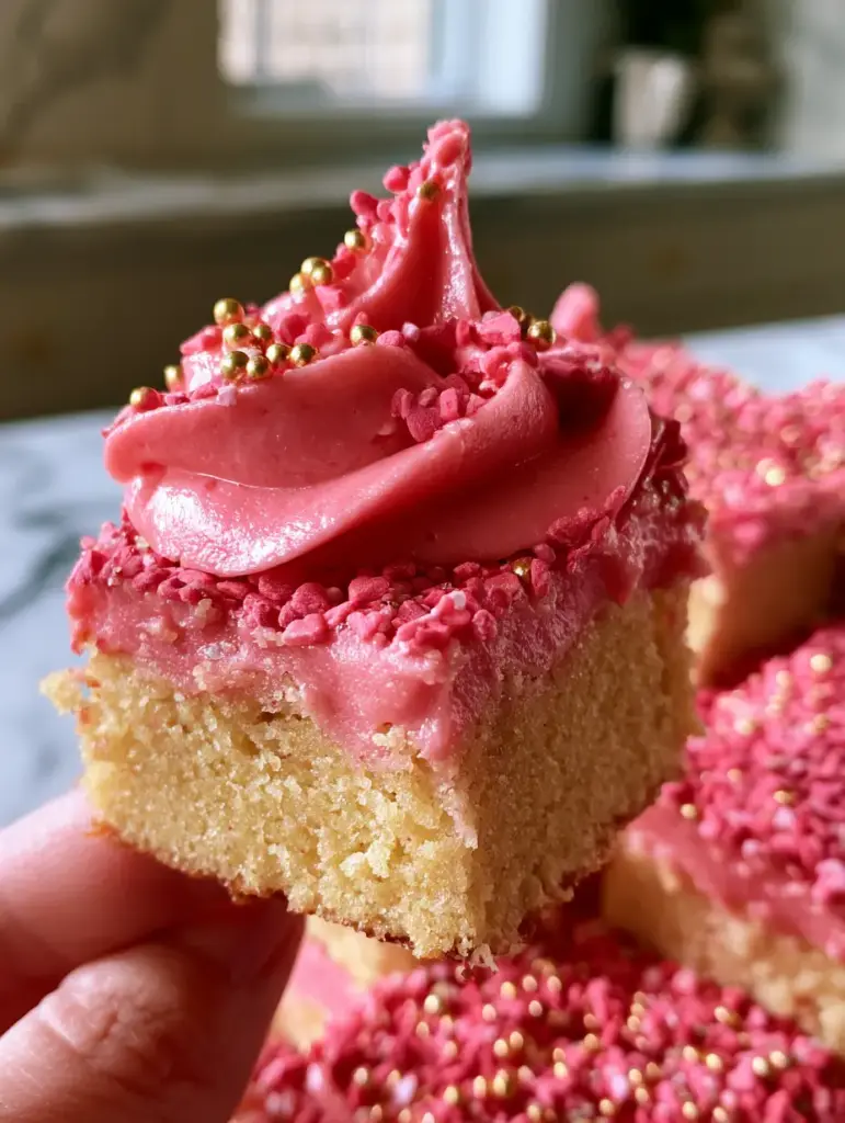Pink Sugar Cookie Bars with Thick Vanilla Buttercream and Gold Pearls 1 Close up of glossy pink buttercream swirls topped with heart sprinkles and gold pearls on pink sugar cookie bars.