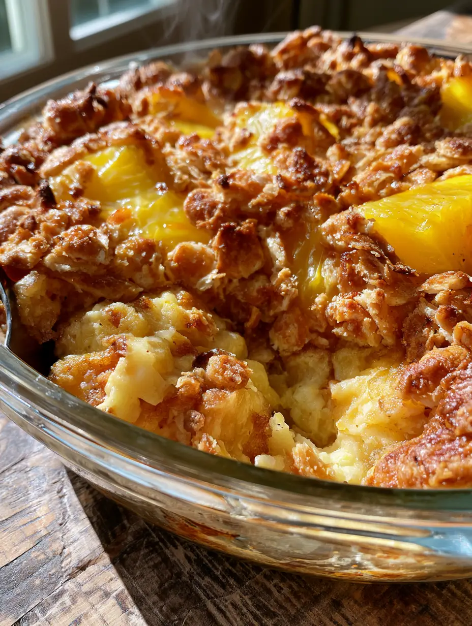 A handheld smartphone photo of a scalloped pineapple casserole with a scoop removed to show the custard-like pudding interior.