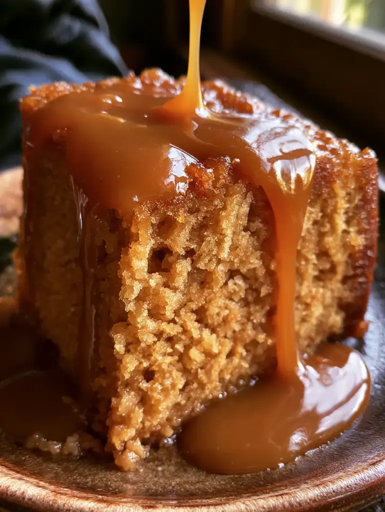 Caramel Pound Cake with Glistening Salted Brown Sugar Glaze 2 A close-up handheld photo of a thick slice of caramel pound cake on a rustic plate, with amber sauce pooling at the bottom and a dense, moist golden crumb. (caramel pound cake)