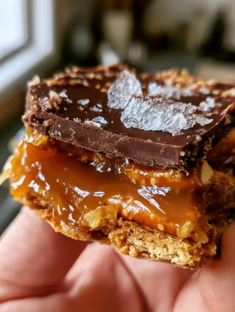 Salted Caramel Pretzel Crack with Dark Chocolate and Flaky Sea Salt 1 A sharp side profile of salted caramel pretzel crack bark with large flakes of Maldon sea salt sparkling on top of a dark chocolate layer.