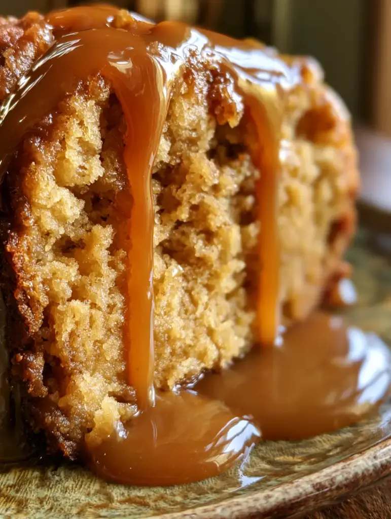 Caramel Pound Cake with Glistening Salted Brown Sugar Glaze 1 Side view of a dense brown sugar pound cake slice with glistening caramel sauce dripping over the edges under soft natural window light.