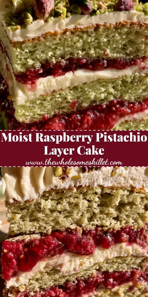 Raspberry Pistachio Layer Cake with Mascarpone Whipped Frosting 3 A tall slice of raspberry pistachio layer cake showing light green sponge, oozing red jam, and white mascarpone frosting with pistachio sprinkles.