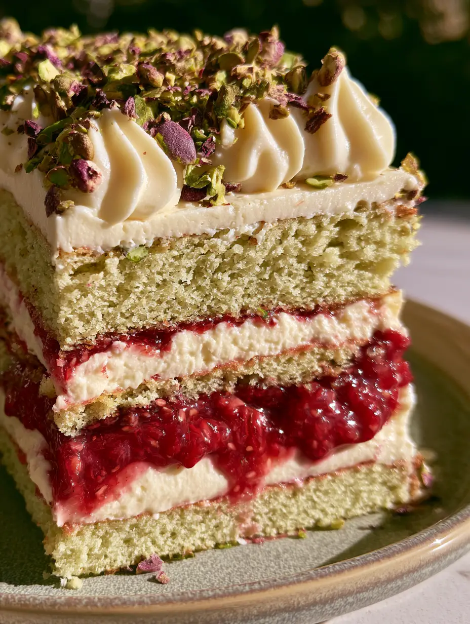 Raspberry Pistachio Layer Cake with Mascarpone Whipped Frosting 4 Extreme close-up of a raspberry pistachio layer cake slice with moist green crumb and vibrant red jam. (raspberry pistachio layer cake)