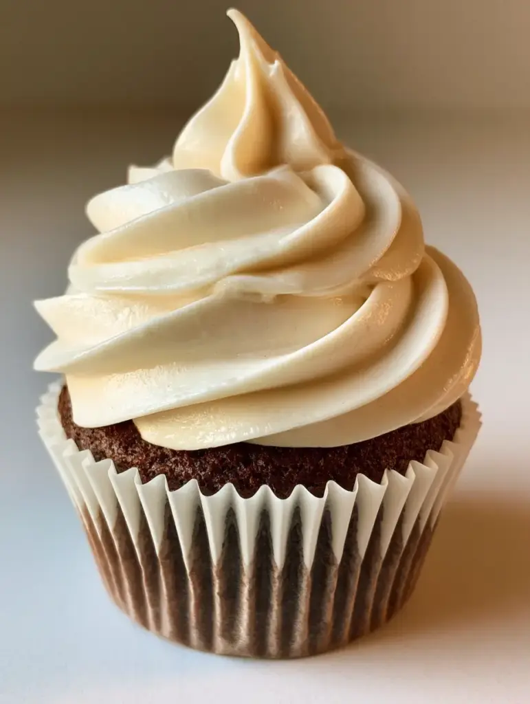 Pudding Frosting: The Ultimate Silk-Smooth Vanilla Buttercream Recipe 2 Handheld photo of a gourmet chocolate cupcake with a luxurious swirl of light and airy pudding frosting.