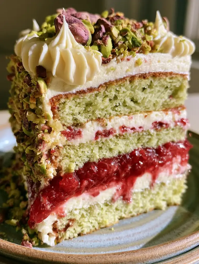 Raspberry Pistachio Layer Cake with Mascarpone Whipped Frosting 1 Macro shot of mascarpone frosting swirls and emerald green pistachios on a raspberry pistachio layer cake.