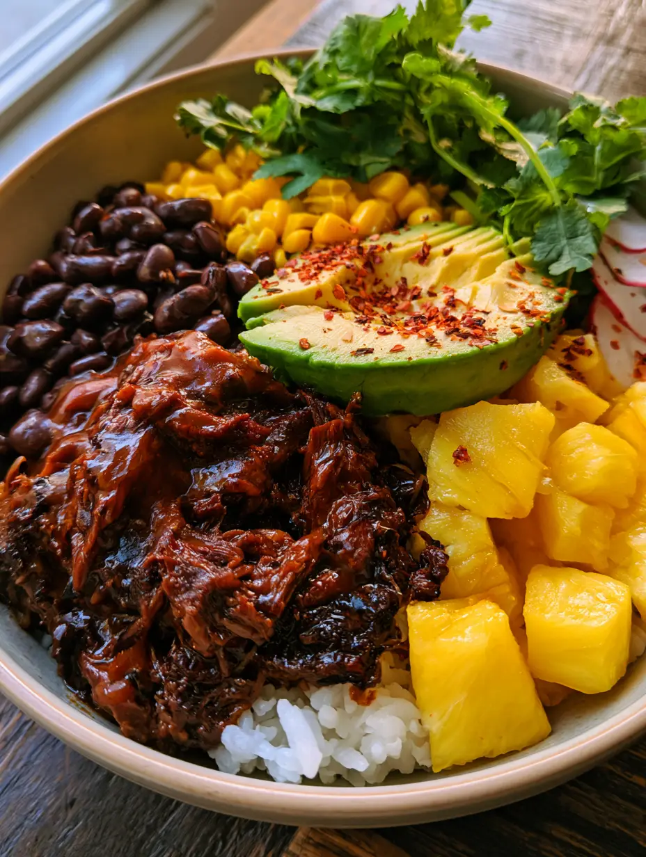 Chipotle Pineapple Beef Bowls with Glazed Shredded Steak and Avocado 4 Close-up of shredded glazed beef and creamy avocado in chipotle pineapple beef bowls. (chipotle pineapple beef bowls)