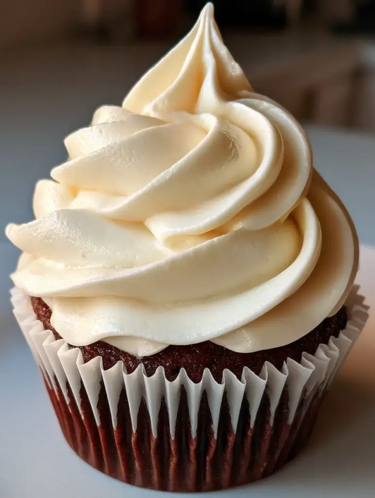 Pudding Frosting: The Ultimate Silk-Smooth Vanilla Buttercream Recipe 1 Close up of pale cream pudding frosting showing vanilla bean specks and a moist chocolate cake base.