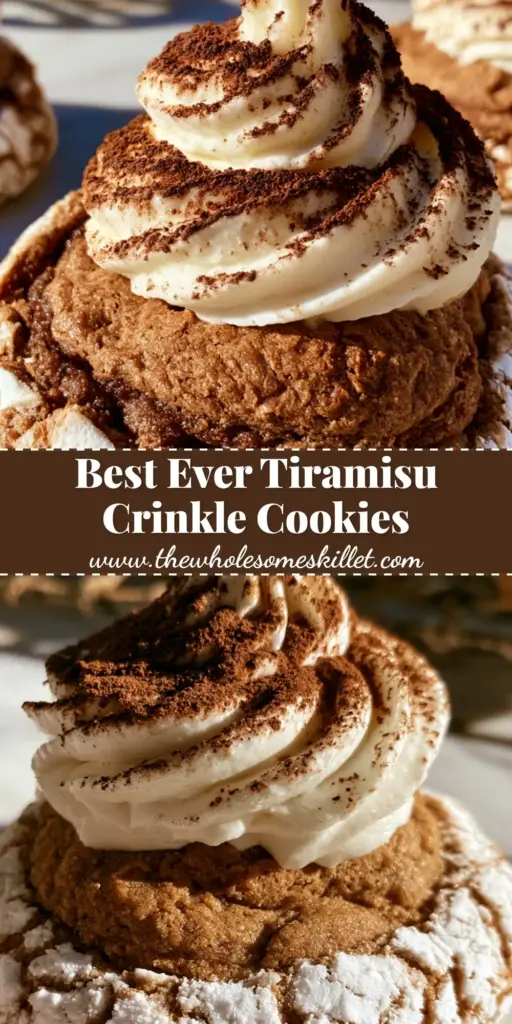A close-up shot of tiramisu crinkle cookies showing the cracked powdered sugar exterior and tall mascarpone frosting swirls on a white marble surface.
