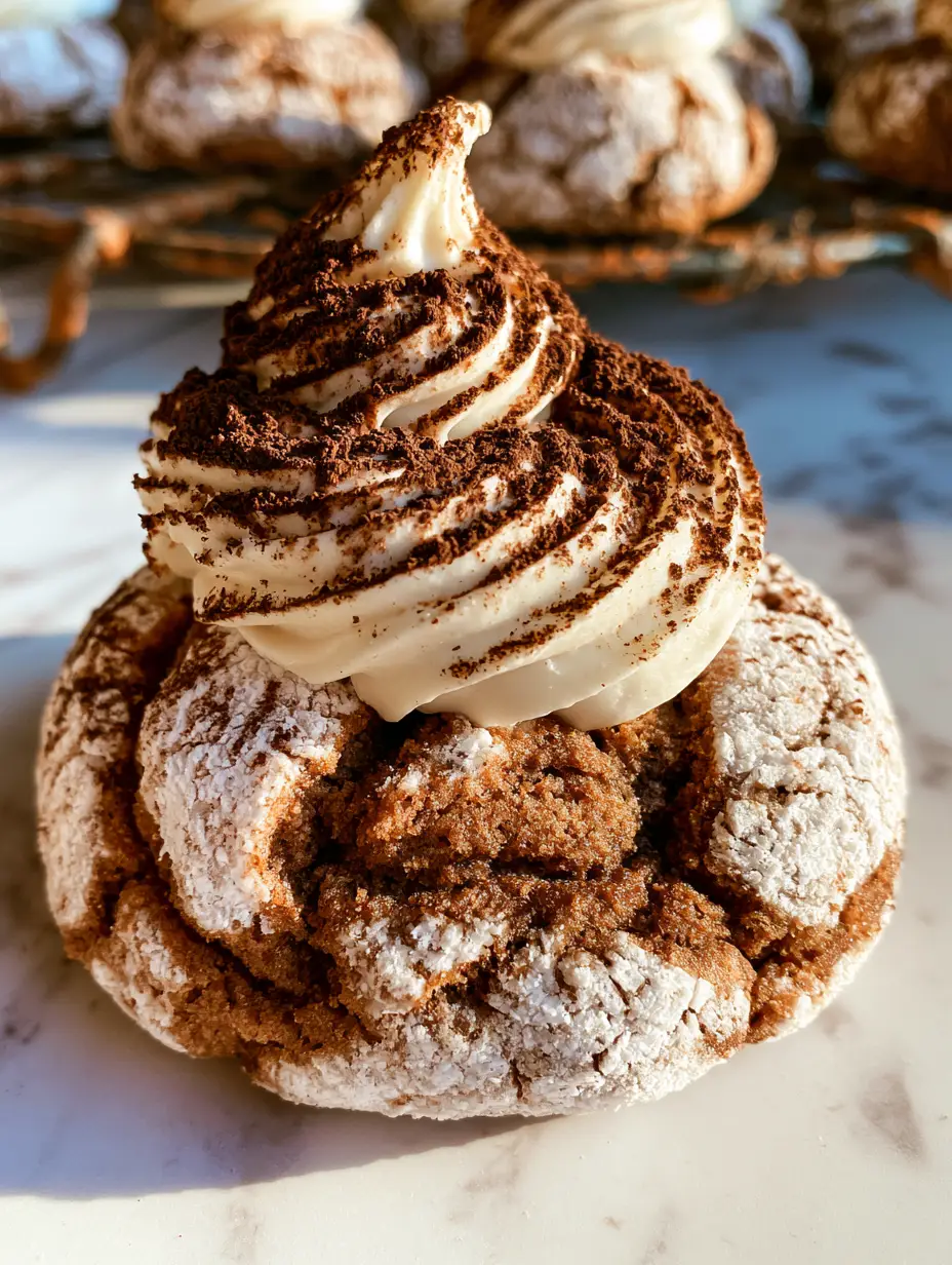 Close-up handheld photo of a tiramisu crinkle cookie with a fudgy espresso center and white cracked sugar coating in morning light.