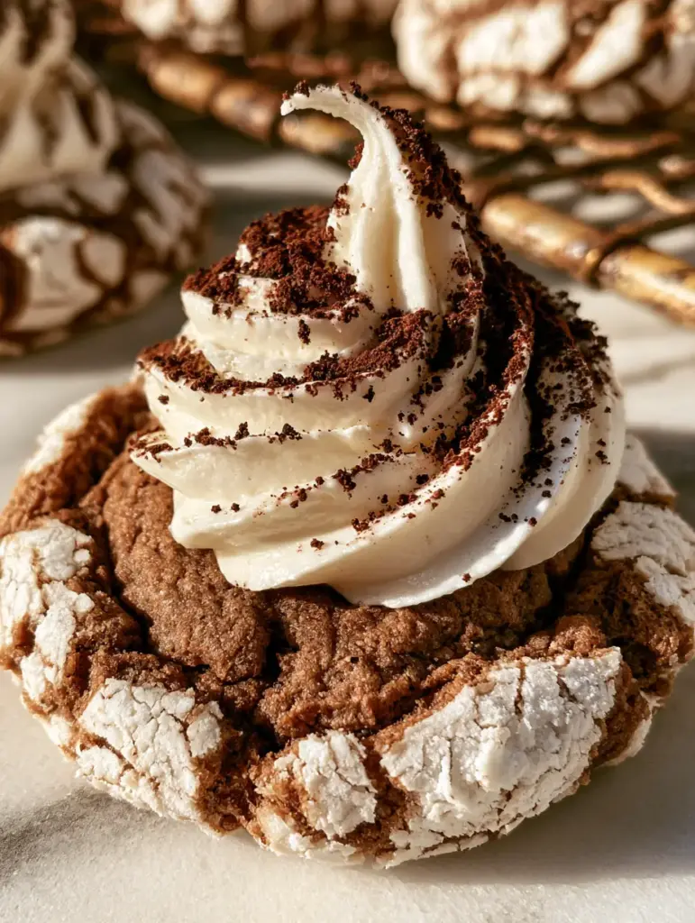 Tiramisu crinkle cookies resting on a cooling rack over a marble counter with beautiful natural shadows.