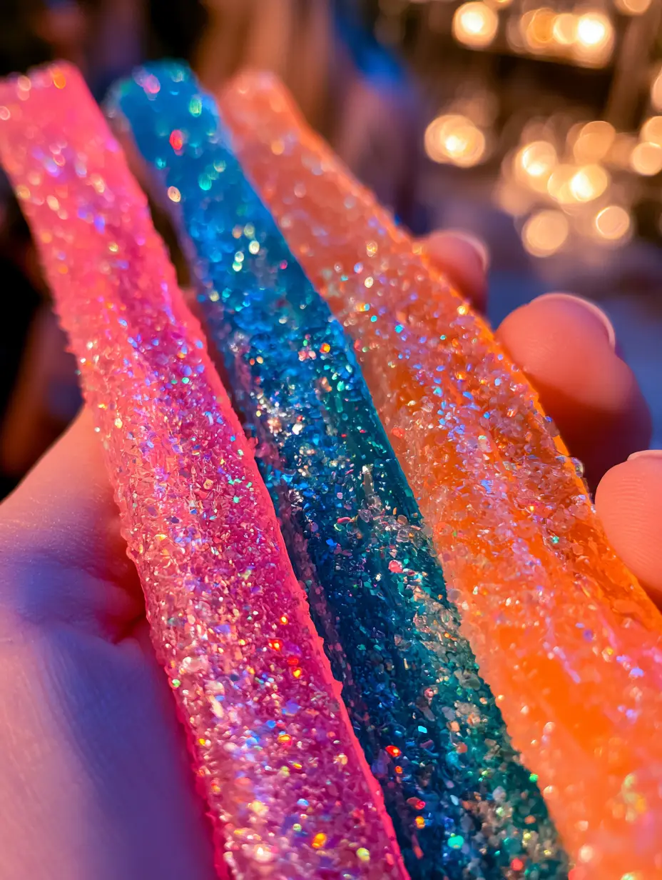 Tequila Gummy Sticks with Sparkling Neon Glitter 3 Close-up of a hand holding three thick, flexible tequila gummy sticks with a heavy coating of rainbow glitter. (tequila gummy sticks)