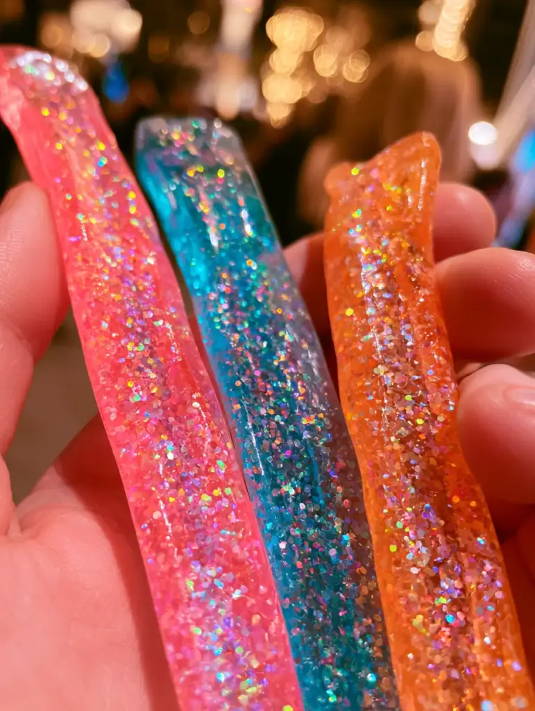 Tequila Gummy Sticks with Sparkling Neon Glitter 1 Smartphone photo showing the translucent neon colors of pink, blue, and orange tequila gummy sticks.