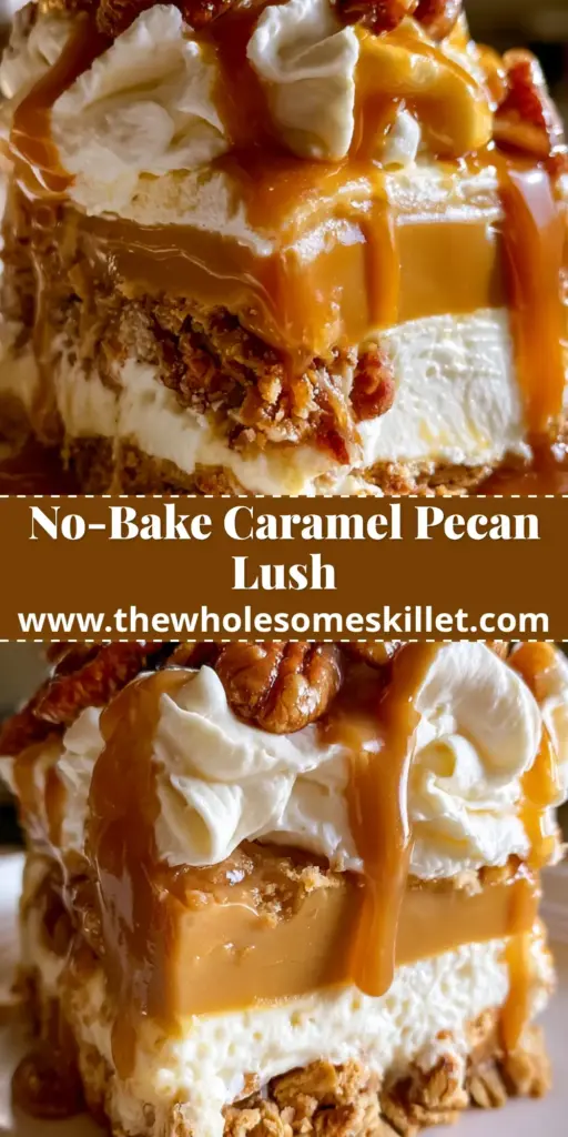 Caramel Pecan Lush: The Ultimate Layered Dessert with Glazed Pecans 3 A handheld smartphone photo of a single thick slice of caramel pecan lush on a white plate with visible layers of graham cracker crust, cream cheese, caramel pudding, and whipped cream topped with glazed pecans.