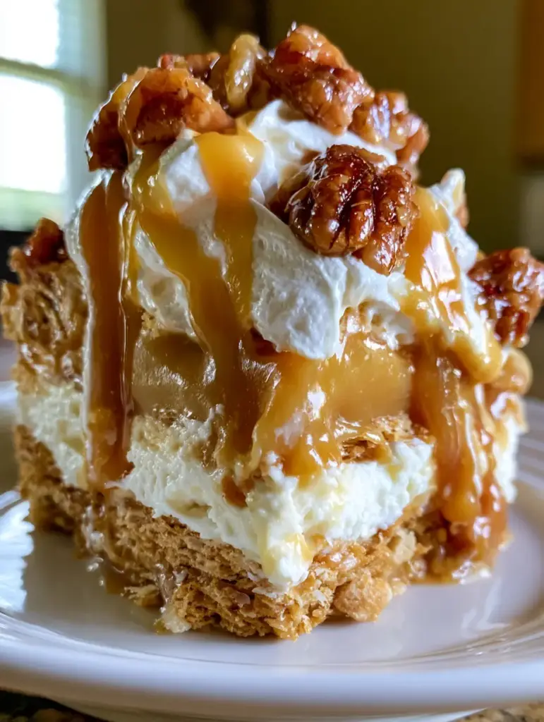 Caramel Pecan Lush: The Ultimate Layered Dessert with Glazed Pecans 2 A close-up side view of caramel pecan lush showing the chunky toasted graham cracker crust and the golden-brown caramel pudding layer with heavy caramel sauce drips.