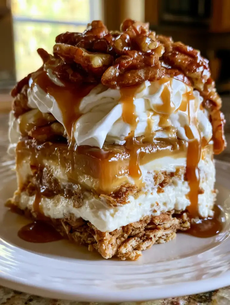 Caramel Pecan Lush: The Ultimate Layered Dessert with Glazed Pecans 1 A single thick slice of caramel pecan lush on a ceramic plate, highlighting the mountain of fluffy whipped cream and glistening glazed pecans in soft natural sunlight.