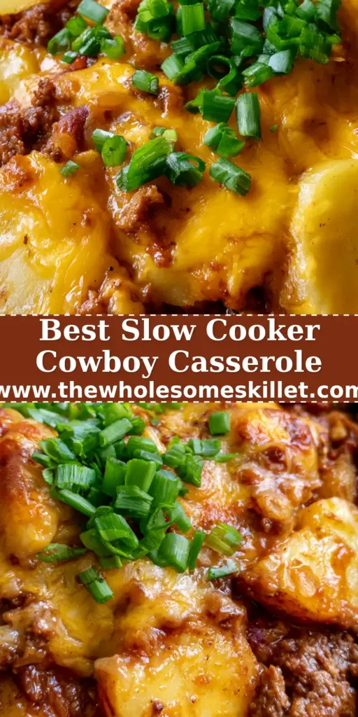 Crockpot Cowboy Casserole: The Ultimate Hearty Slow Cooker Comfort Food 4 A top-down view of a crockpot cowboy casserole with melted cheddar cheese, golden potato slices, and fresh green onions in a slow cooker.