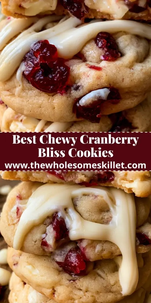 White Chocolate Cranberry Cookies: The Ultimate Thick and Chewy Recipe 4 A stack of thick white chocolate cranberry cookies with white chocolate drizzle on a rustic wood surface.