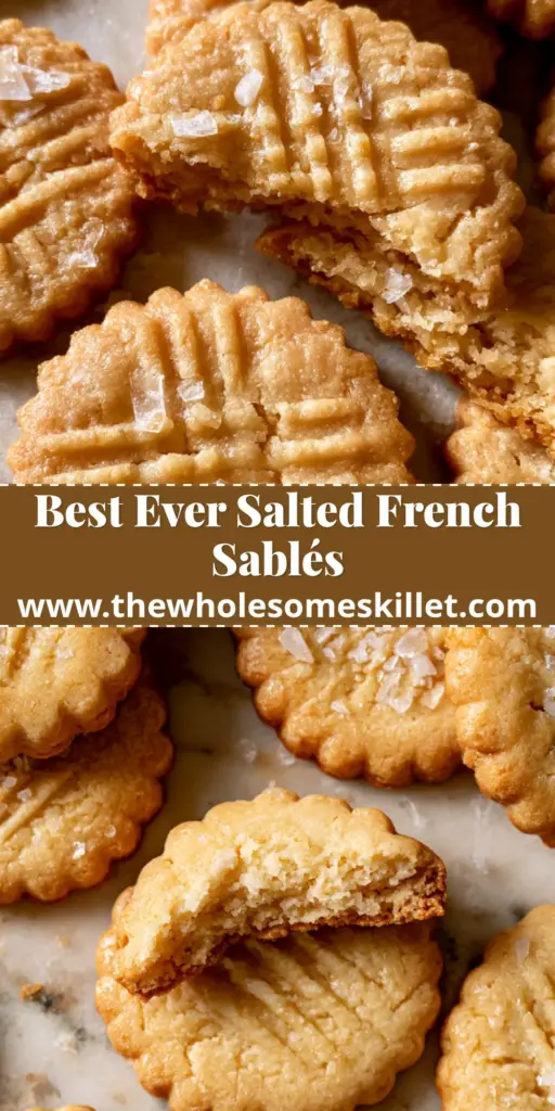 A Pinterest-ready collage featuring golden-brown salted butter cookies with scalloped edges and flaky salt crystals on a marble background.