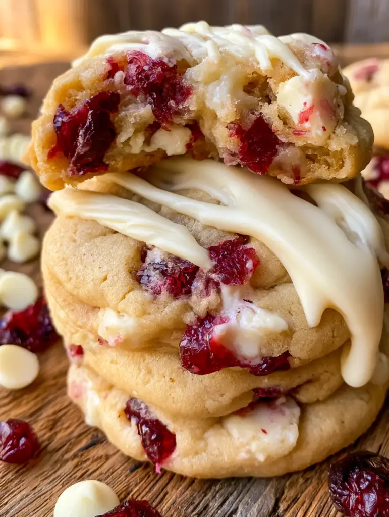 White Chocolate Cranberry Cookies: The Ultimate Thick and Chewy Recipe 2 Close-up eye-level shot of thick chewy white chocolate cranberry cookies with vibrant red berries. (white chocolate cranberry cookies)