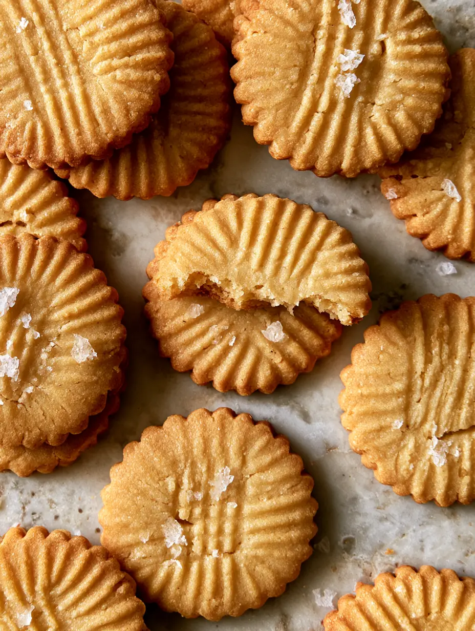 Top-down extreme close-up of golden salted butter cookies on a marble surface showing scalloped edges and fork ridges.
