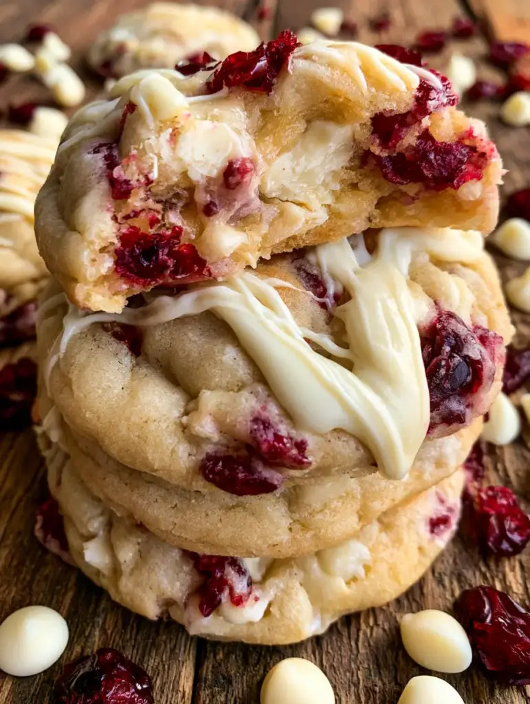 White Chocolate Cranberry Cookies: The Ultimate Thick and Chewy Recipe 1 Broken cookie showing gooey interior with white chocolate chunks and cranberries on a wooden table.