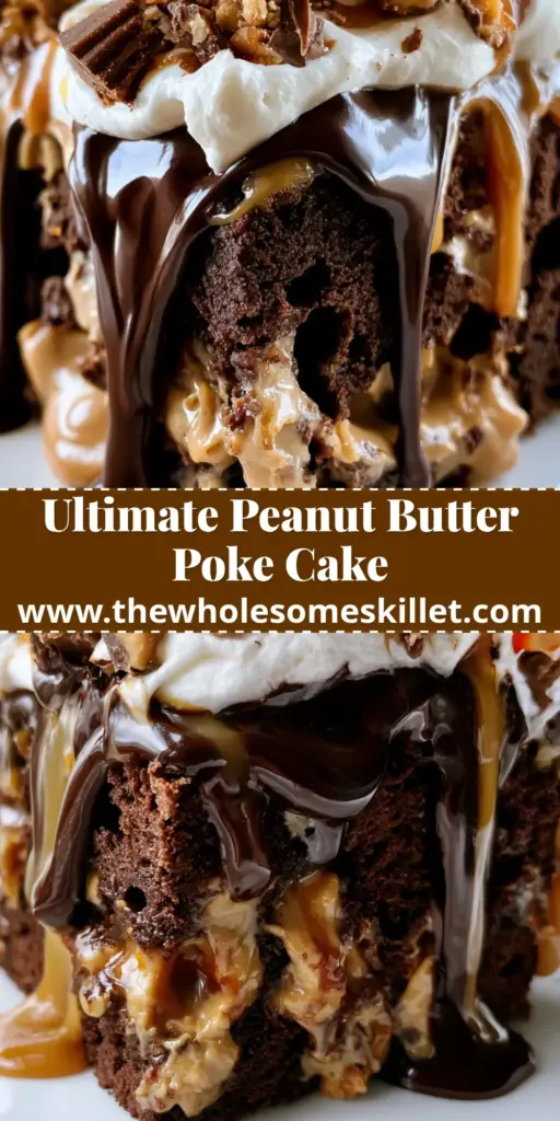 Peanut Butter Poke Cake with Dark Chocolate and Caramel Drizzle 3 A close-up overhead shot of a peanut butter poke cake topped with chopped candies and chocolate drizzle.