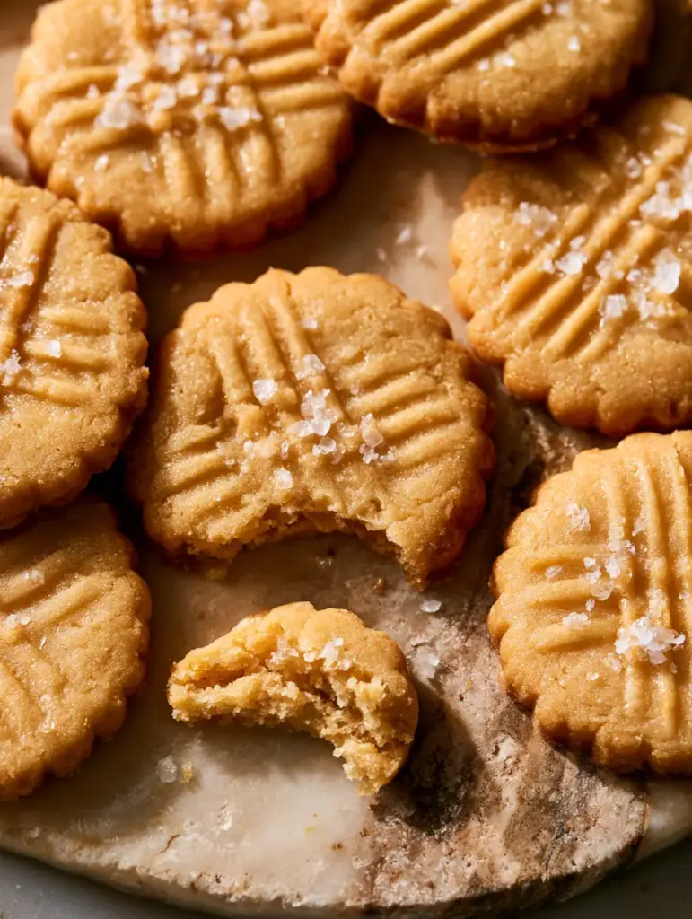 Close up of salted butter cookies arranged elegantly, one snapped in half to show the tender buttery crumb interior.