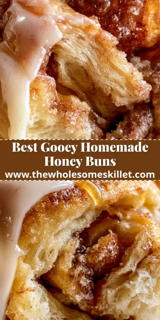 A stack of freshly glazed honey buns with a golden honey drizzle and scattered sugar crystals on a kitchen counter.