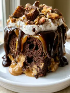 Extreme close-up of a moist slice of peanut butter poke cake with caramel and chocolate drips.