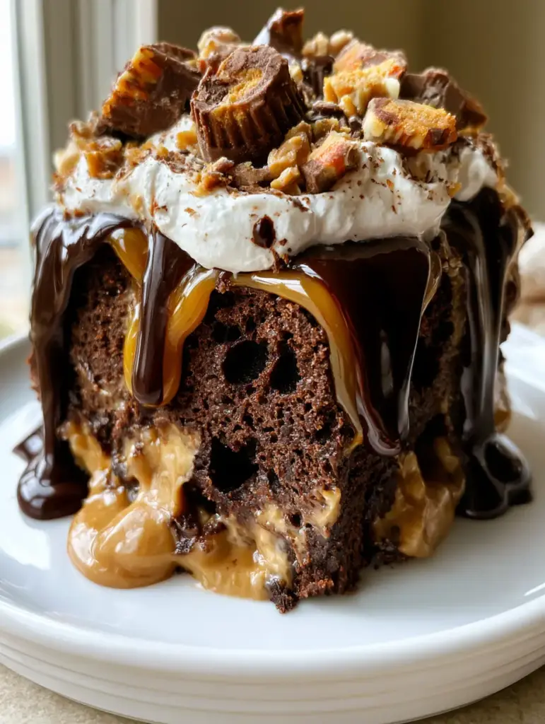 Peanut Butter Poke Cake with Dark Chocolate and Caramel Drizzle 2 Extreme close-up of a moist slice of peanut butter poke cake with caramel and chocolate drips.