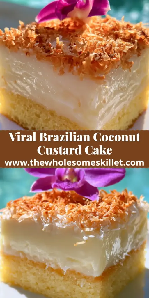A thick square slice of Brazilian coconut custard cake with three layers on a white plate with a purple orchid garnish. (brazilian coconut custard cake)